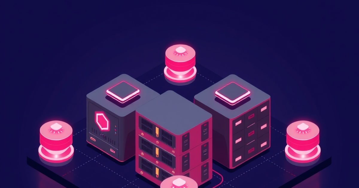Isometric technical illustration of three Proxmox cluster nodes linked by a dedicated storage network, each holding stacked NVMe drives forming one shared Ceph pool